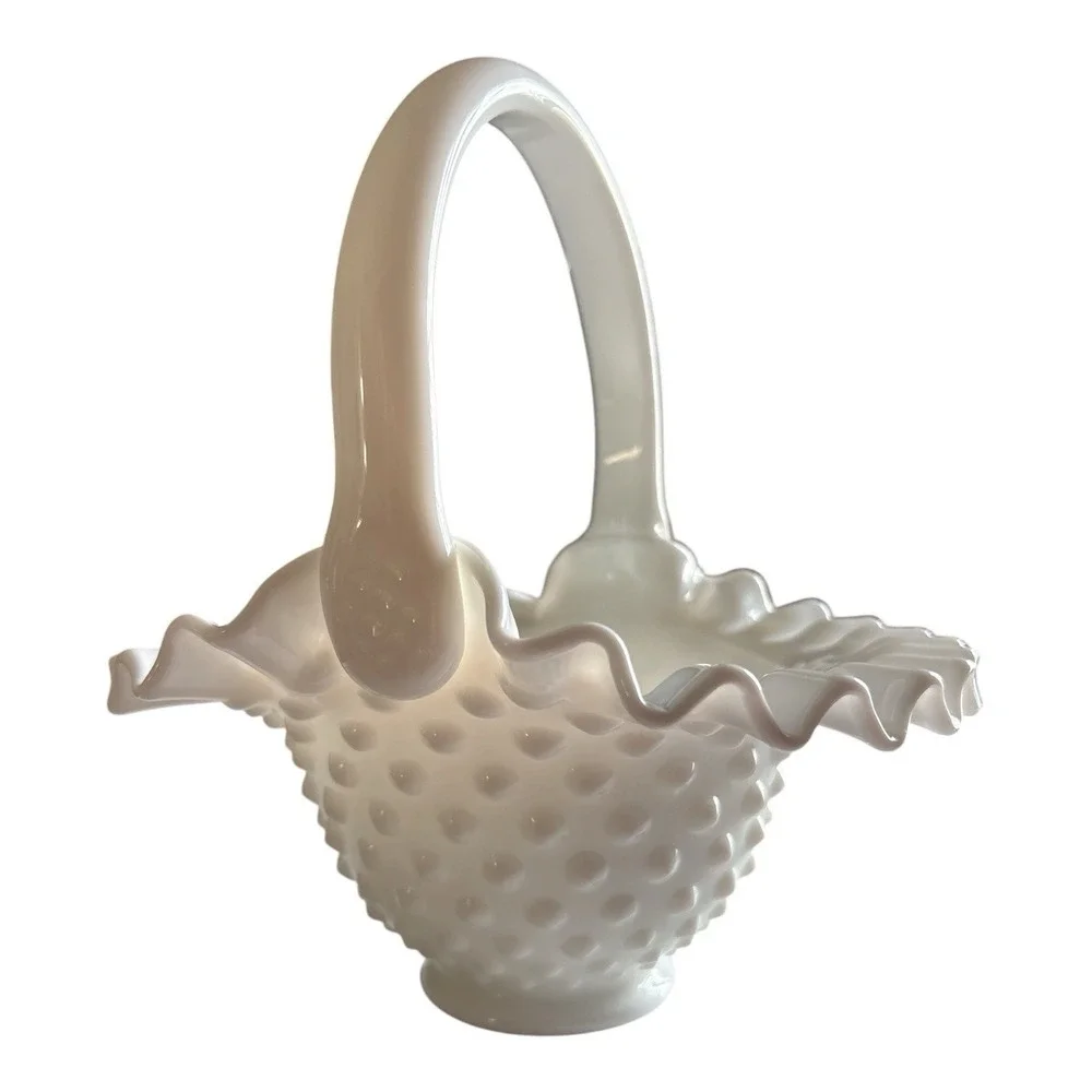Vintage Fenton White Milk Glass Hobnail Basket w/Handle. Candy Trinket Bowl. EC